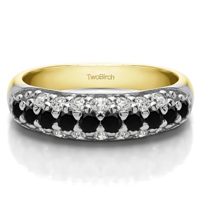 1.52 Carat Black and White Triple Row Pave Set Domed Wedding Ring in Two Tone Gold