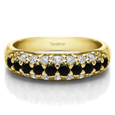 1.52 Carat Black and White Triple Row Pave Set Domed Wedding Ring in Yellow Gold