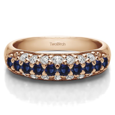1.05 Carat Sapphire and Diamond Triple Row Pave Set Domed Wedding Ring in Rose Gold