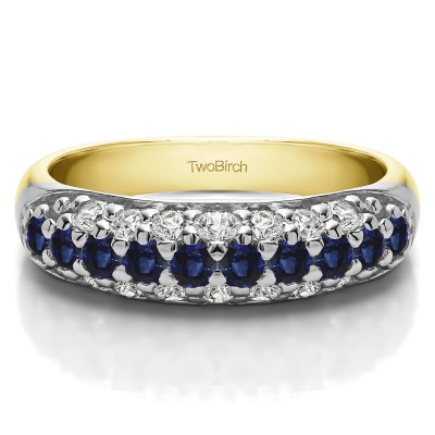 1.05 Carat Sapphire and Diamond Triple Row Pave Set Domed Wedding Ring in Two Tone Gold