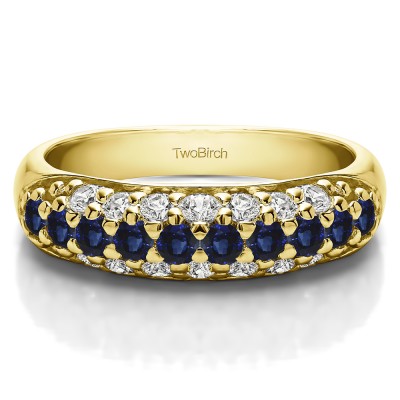 1.05 Carat Sapphire and Diamond Triple Row Pave Set Domed Wedding Ring in Yellow Gold