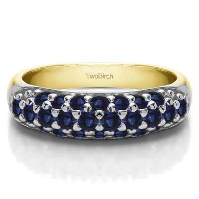 1.05 Carat Sapphire Triple Row Pave Set Domed Wedding Ring in Two Tone Gold