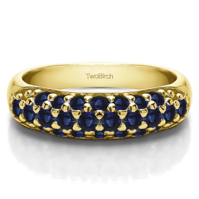 1.52 Carat Sapphire Triple Row Pave Set Domed Wedding Ring in Yellow Gold