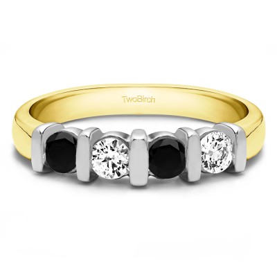 1 Carat Black and White Four Stone Bar Set Wedding Ring in Two Tone Gold