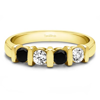 1 Carat Black and White Four Stone Bar Set Wedding Ring in Yellow Gold