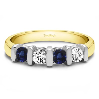 0.24 Carat Sapphire and Diamond Four Stone Bar Set Wedding Ring in Two Tone Gold