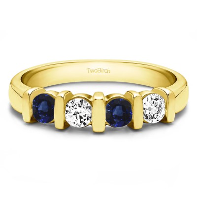 0.74 Carat Sapphire and Diamond Four Stone Bar Set Wedding Ring in Yellow Gold