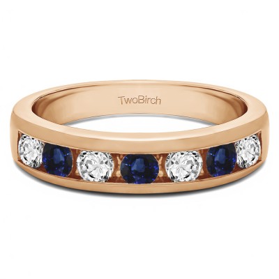 1 Carat Sapphire and Diamond Seven Stone Straight Channel Set Wedding Ring  in Rose Gold
