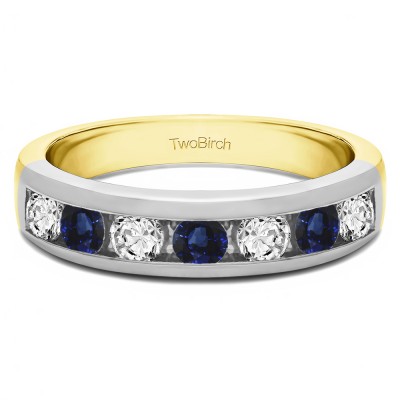 1 Carat Sapphire and Diamond Seven Stone Straight Channel Set Wedding Ring  in Two Tone Gold