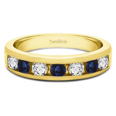 0.49 Carat Sapphire and Diamond Seven Stone Straight Channel Set Wedding Ring  in Yellow Gold