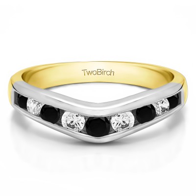 0.42 Ct. Black and White Nine Round Stone Channel Set Chevron Contour Wedding Band in Two Tone Gold
