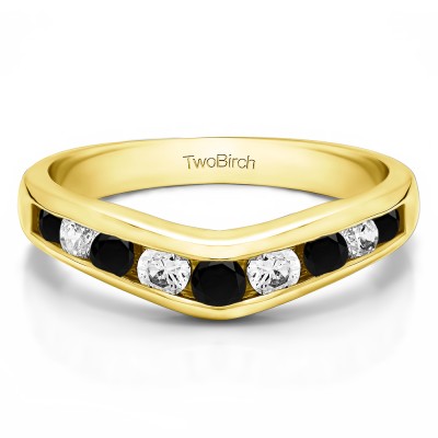0.42 Ct. Black and White Nine Round Stone Channel Set Chevron Contour Wedding Band in Yellow Gold