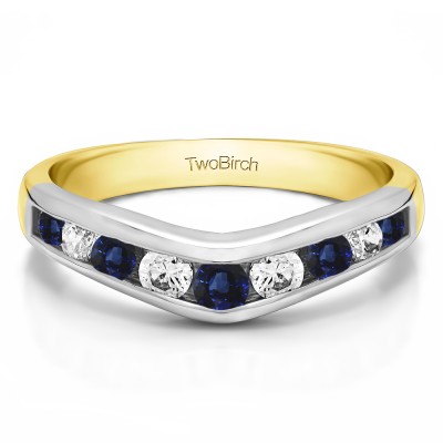 0.75 Ct. Sapphire and Diamond Nine Round Stone Channel Set Chevron Contour Wedding Band in Two Tone Gold