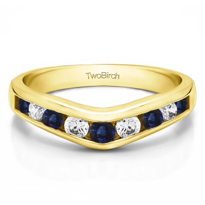 1 Ct. Sapphire and Diamond Nine Round Stone Channel Set Chevron Contour Wedding Band in Yellow Gold