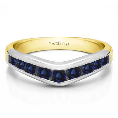 0.42 Ct. Sapphire Nine Round Stone Channel Set Chevron Contour Wedding Band in Two Tone Gold