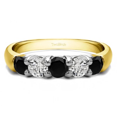 1.02 Carat Black and White Five Stone Common Prong Anniversary Band in Two Tone Gold