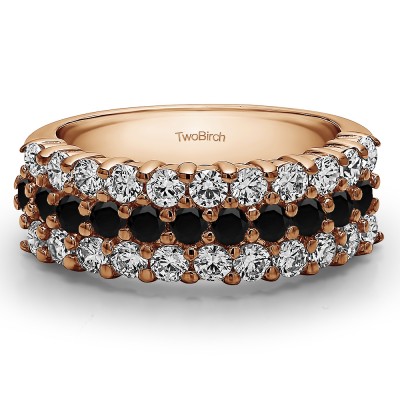 1.98 Carat Black and White Three Row Double Shared Prong Wedding Band  in Rose Gold