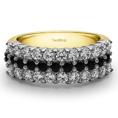 0.99 Carat Black and White Three Row Double Shared Prong Wedding Band  in Two Tone Gold