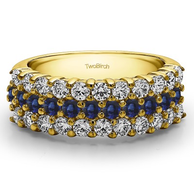 0.99 Carat Sapphire and Diamond Three Row Double Shared Prong Wedding Band  in Yellow Gold