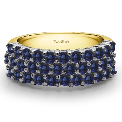 1.98 Carat Sapphire Three Row Double Shared Prong Wedding Band  in Two Tone Gold