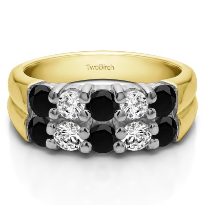 0.76 Carat Black and White Double Row Shared Prong Ten Stone Anniversary Band  in Two Tone Gold