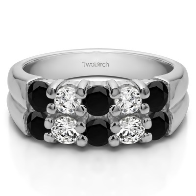 1.48 Carat Black and White Double Row Shared Prong Ten Stone Anniversary Band