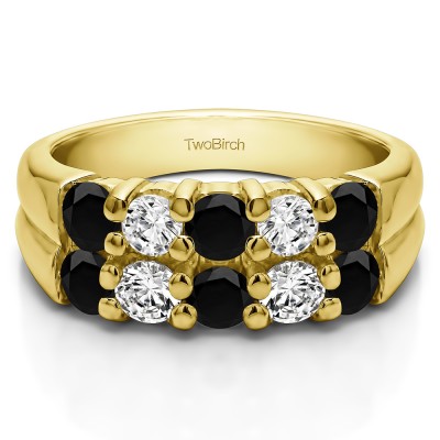 1.48 Carat Black and White Double Row Shared Prong Ten Stone Anniversary Band  in Yellow Gold