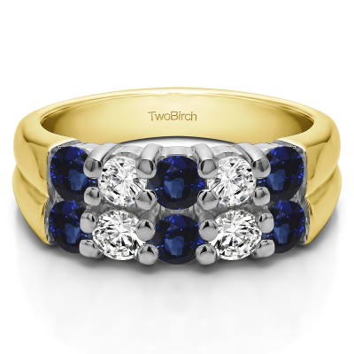 1.48 Carat Sapphire and Diamond Double Row Shared Prong Ten Stone Anniversary Band  in Two Tone Gold