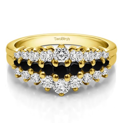 0.49 Carat Black and White Domed Three Row Shared Prong Anniversary Ring  in Yellow Gold