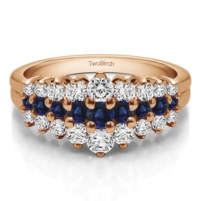 0.99 Carat Sapphire and Diamond Domed Three Row Shared Prong Anniversary Ring  in Rose Gold