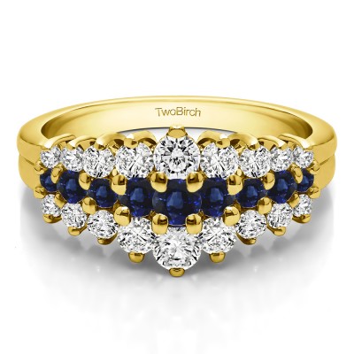 0.24 Carat Sapphire and Diamond Domed Three Row Shared Prong Anniversary Ring  in Two Tone Gold