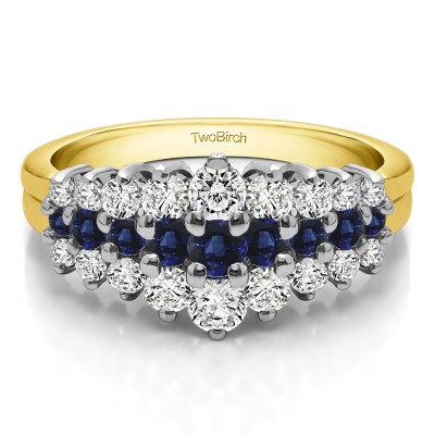 0.49 Carat Sapphire and Diamond Domed Three Row Shared Prong Anniversary Ring  in Yellow Gold