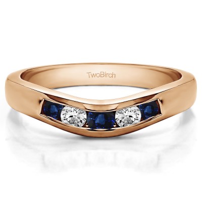 0.41 Ct. Sapphire and Diamond Five Channel Set Stone Curved Wedding Ring Guard in Rose Gold