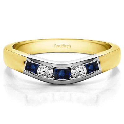 0.41 Ct. Sapphire and Diamond Five Channel Set Stone Curved Wedding Ring Guard in Two Tone Gold