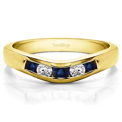0.41 Ct. Sapphire and Diamond Five Channel Set Stone Curved Wedding Ring Guard in Yellow Gold