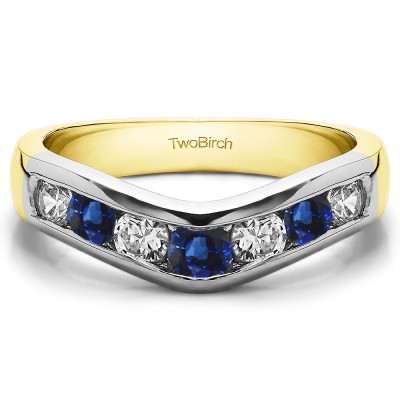 0.44 Ct. Sapphire and Diamond Traditional Style Contour Wedding Band in Two Tone Gold