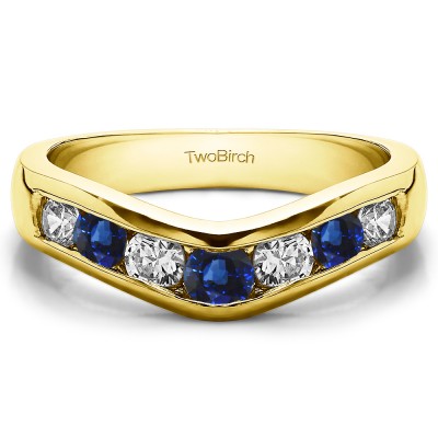 0.75 Ct. Sapphire and Diamond Traditional Style Contour Wedding Band in Yellow Gold