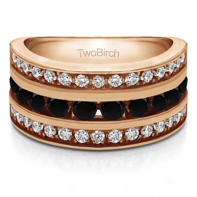 2 Carat Black and White Three Row Channel Set Anniversary Ring in Rose Gold