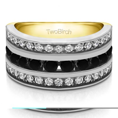 2 Carat Black and White Three Row Channel Set Anniversary Ring in Two Tone Gold
