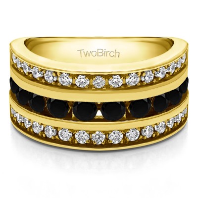 2 Carat Black and White Three Row Channel Set Anniversary Ring in Yellow Gold