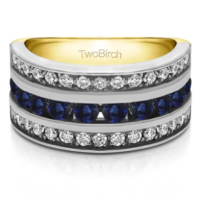 2 Carat Sapphire and Diamond Three Row Channel Set Anniversary Ring in Two Tone Gold