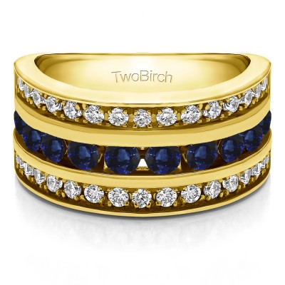 2 Carat Sapphire and Diamond Three Row Channel Set Anniversary Ring in Yellow Gold