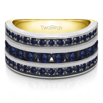 2 Carat Sapphire Three Row Channel Set Anniversary Ring in Two Tone Gold