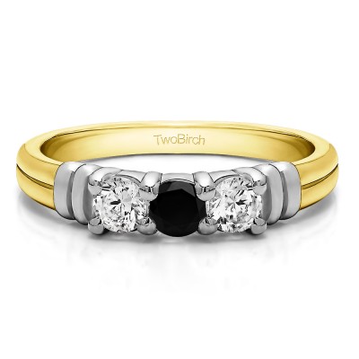 0.48 Carat Black and White Three Stone U Set Ribbed Shank Wedding Ring  in Two Tone Gold