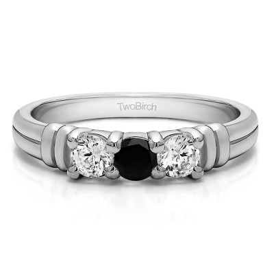 0.48 Carat Black and White Three Stone U Set Ribbed Shank Wedding Ring