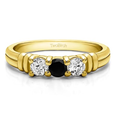 0.48 Carat Black and White Three Stone U Set Ribbed Shank Wedding Ring  in Yellow Gold