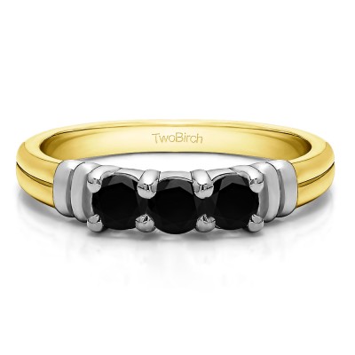 0.48 Carat Black Three Stone U Set Ribbed Shank Wedding Ring  in Two Tone Gold