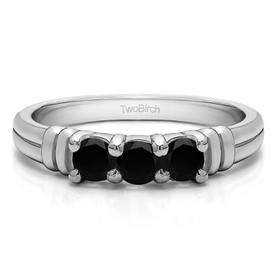 0.48 Carat Black Three Stone U Set Ribbed Shank Wedding Ring