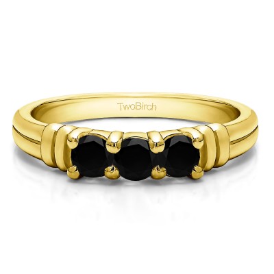 0.48 Carat Black Three Stone U Set Ribbed Shank Wedding Ring  in Yellow Gold