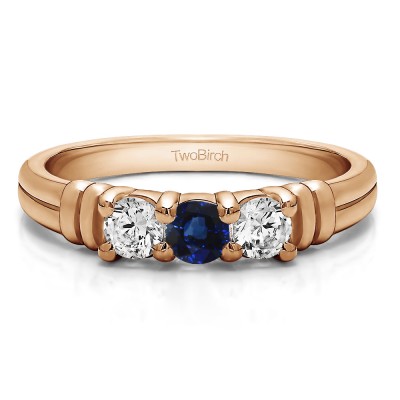 0.48 Carat Sapphire and Diamond Three Stone U Set Ribbed Shank Wedding Ring  in Rose Gold